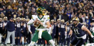 North Dakota State Bison quarterback Cam Miller (7) drops back to pass the ball during a game between the North Dakota State Bison and the Montana State Bobcats at Toyota Stadium in Frisco, Texas (Credit Image: © Freddie Beckwith/Cal Sport Media) 06 Jan 2025.